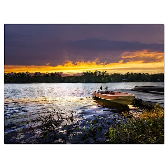 Designart - Boat Docked in Lake at Sunset